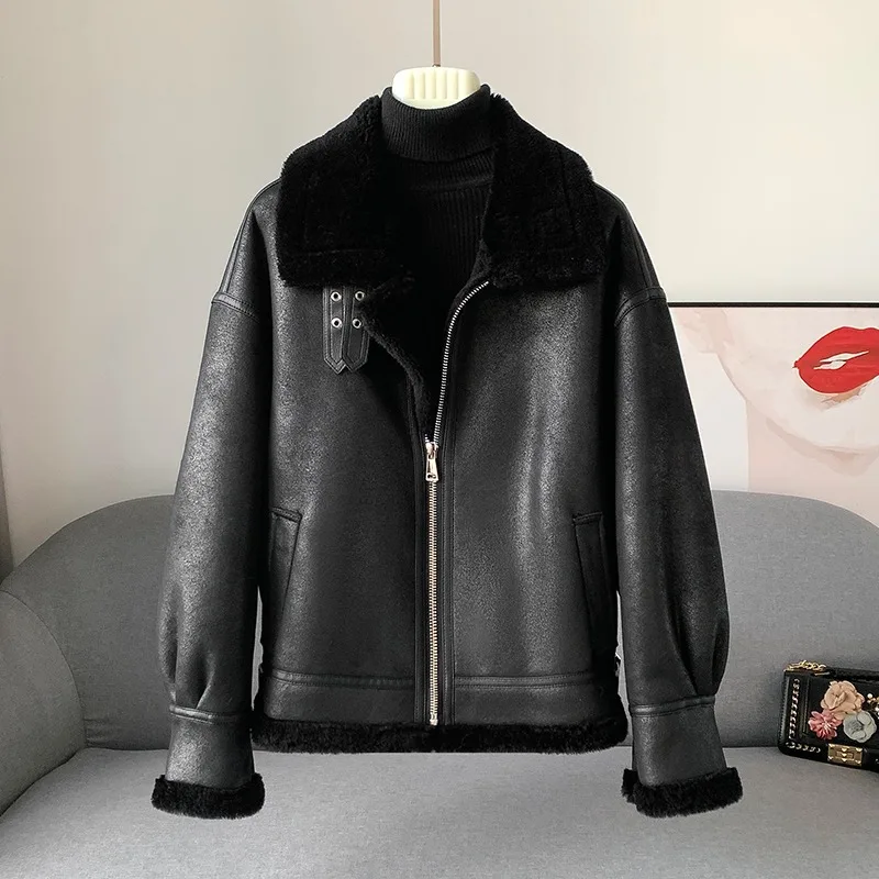 2023 Winter New Short Lamb Wool Fur Warm Coat Female Stand-up Collar Motorcycle Jacket JT412