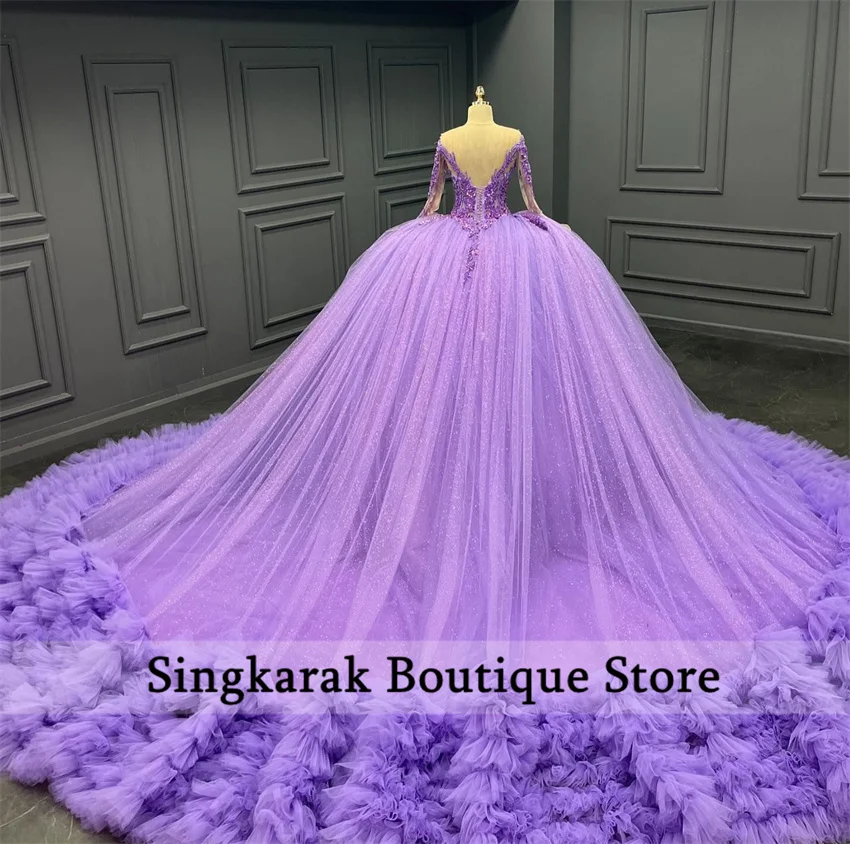 2024 Lavender Purple Quinceanera Dresses Tiered Ruffles Beads Birthday Party Long Sleeves Sweet 16 Dress Ball Gown Customized