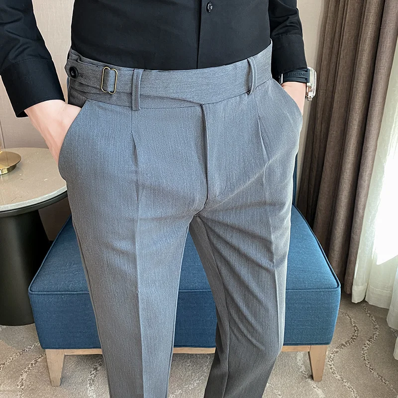 

2023 Summer Fashion Mens Suit Pants High-waist Solid Color Business Slim Fit Formal Wedding Social Dress Ankle Pants 38-29