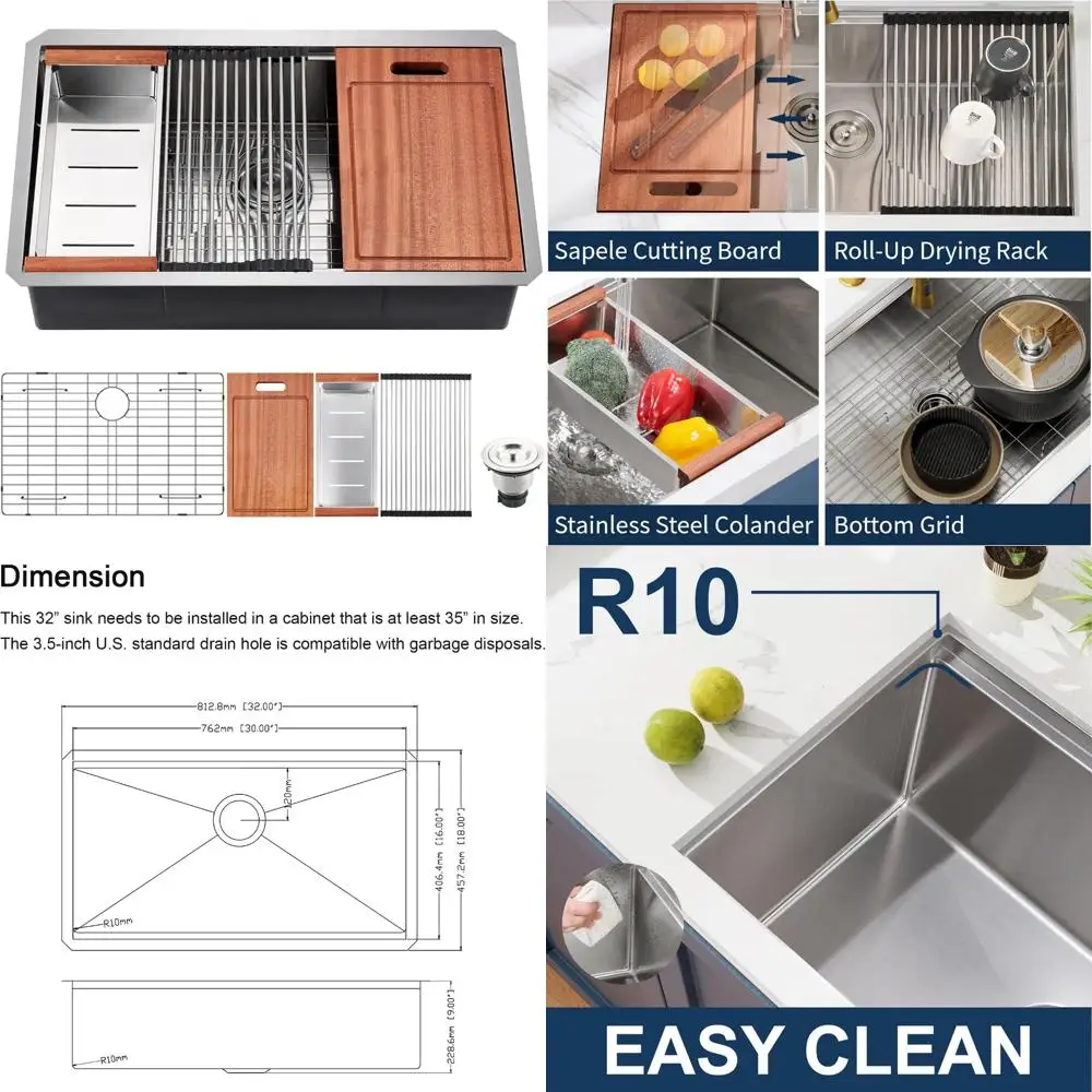 

Stainless Steel 32-inch Single Bowl Undermount Kitchen Sink with 18 Gauge Thickness and R10 Radius Workstation Design