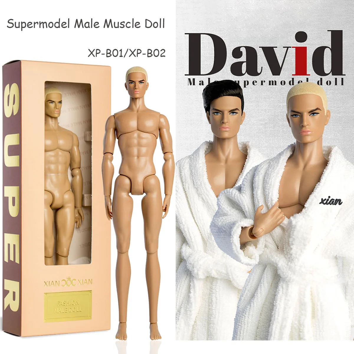 1/6 Fashion Muscle Man David Supermodel Doll Dark Tan Skin Joint Movable Gold/Black Short Hair 33cm Male Figure Collectible Doll