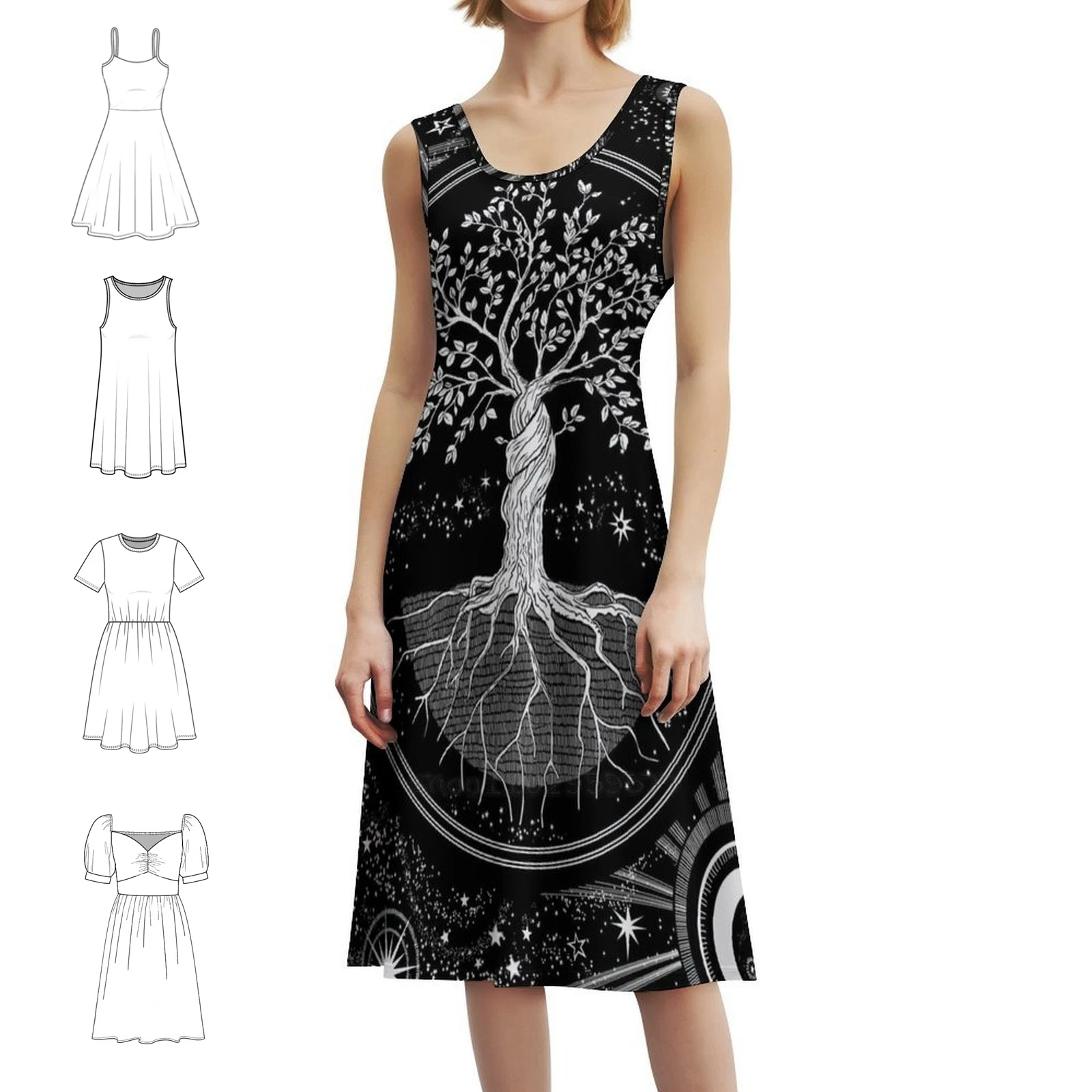 شجرة الحياة السماوية البوهيمي فستان بلا أكمام للنساء طباعة فساتين حفلات الشاطئ شجرة الحياة السماوية السحرية الغامضة