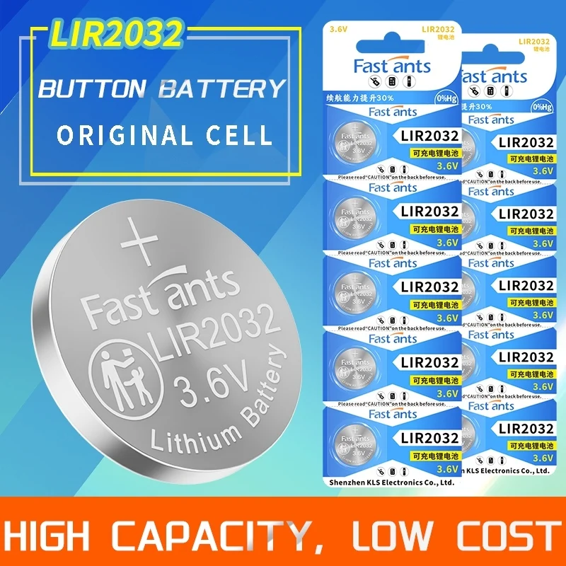 LIR2032 3.6V Rechargeable Lithium Ion Coin Cell Battery 3.7V High Capacity for Key Fob Watch Remote Control with Charge LIR2032h