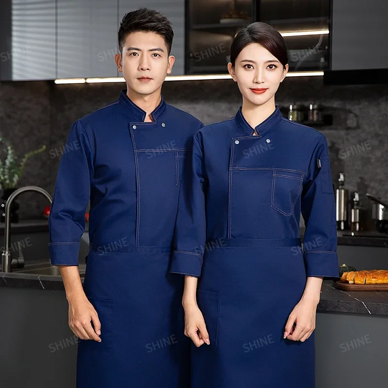 فندق طويل الأكمام الشيف موحدة الرجال سترة الشيف مع المئزر مطعم كوك معطف الشيف تي شيرت العمل موحدة النادل الملابس الشعار