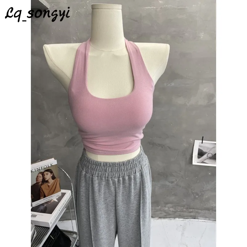 

Lq_songyi Sweet Halter Camis Women Slim Sleeveless Top with Chest Pads Crop Tops Korean Style Sexy Solid Basic Camisole