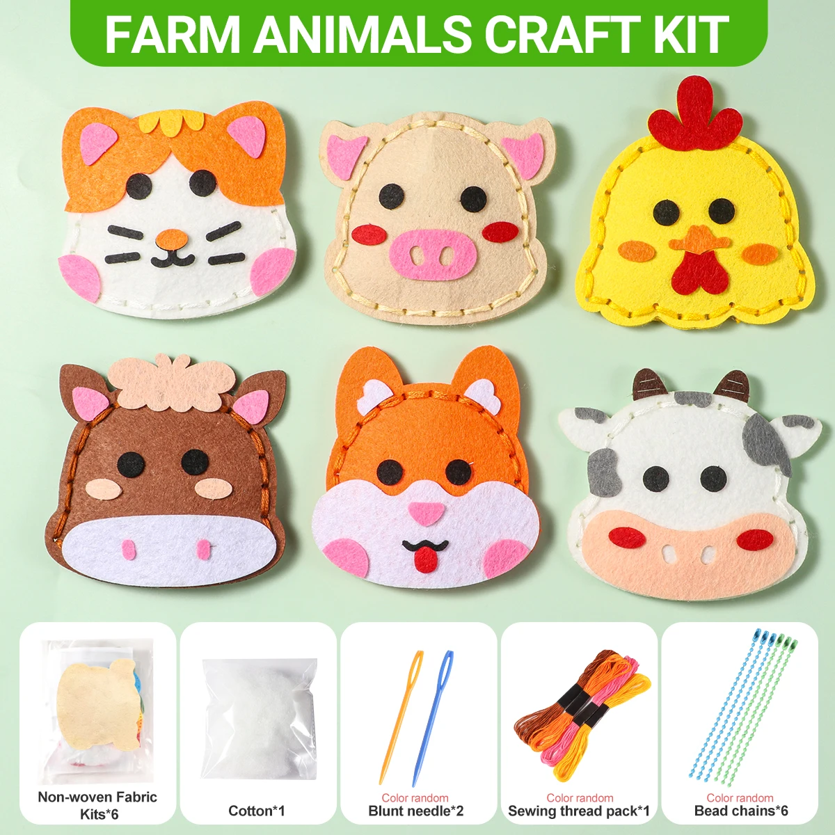 6-piece DIY Farm Animal Sewing Kit; Beginner Hand Sewing Kit; Cute Cartoon Animal Cow, Horse, Chicken School Bag Pendant; Birthd
