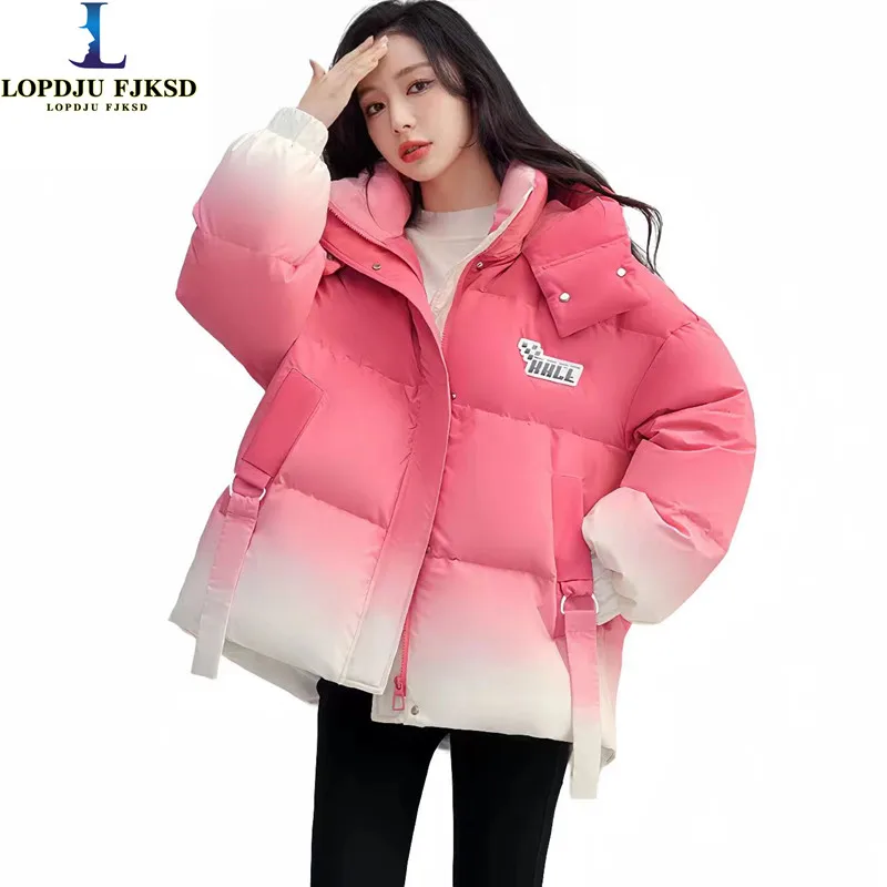 Women\'s Gradient Color Hooded Coat, 90% White Duck Down Jacket, Casual Parkas, Oversize Female Clothing, New Fashion, Winter