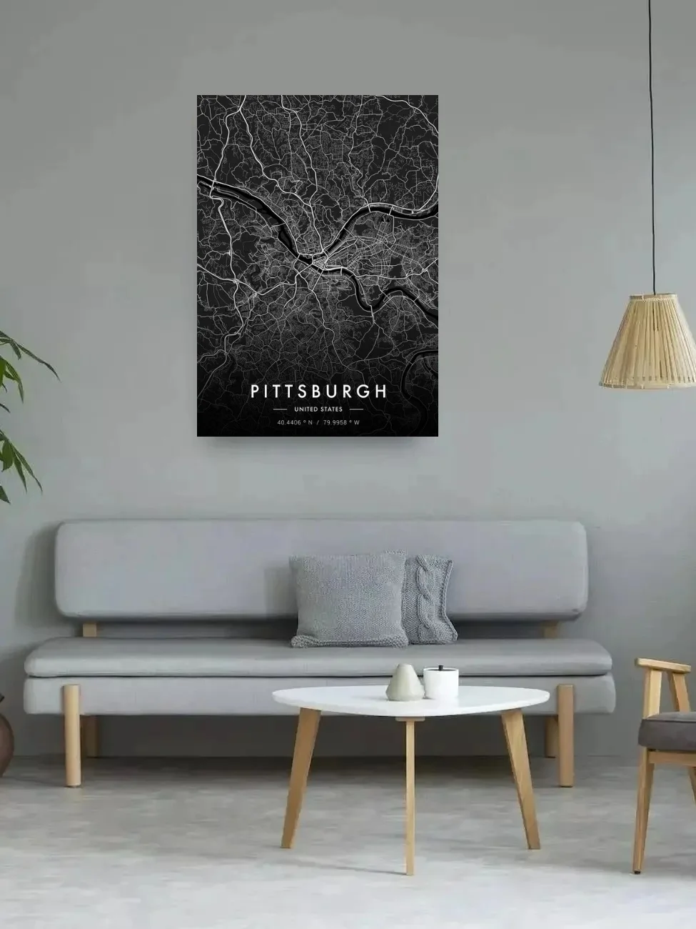 Pittsburgh City Map Dark United States, Print Art Canvas Poster,Living Room Decor, Home Wall Picture