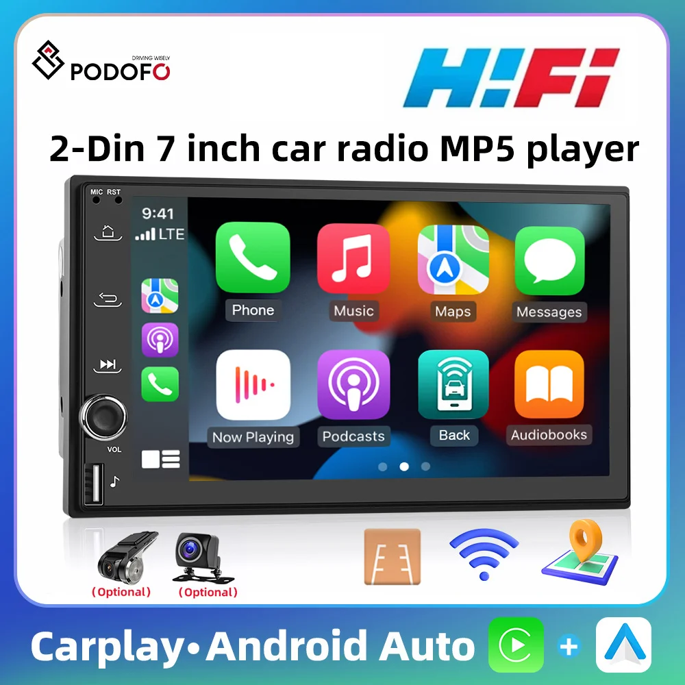 Podofo 2din 2+64G Carplay Android Auto Car Stereo Radio Android 7'' Bluetooth WIFI GPS Navigation FM Receiver Radio Split Screen