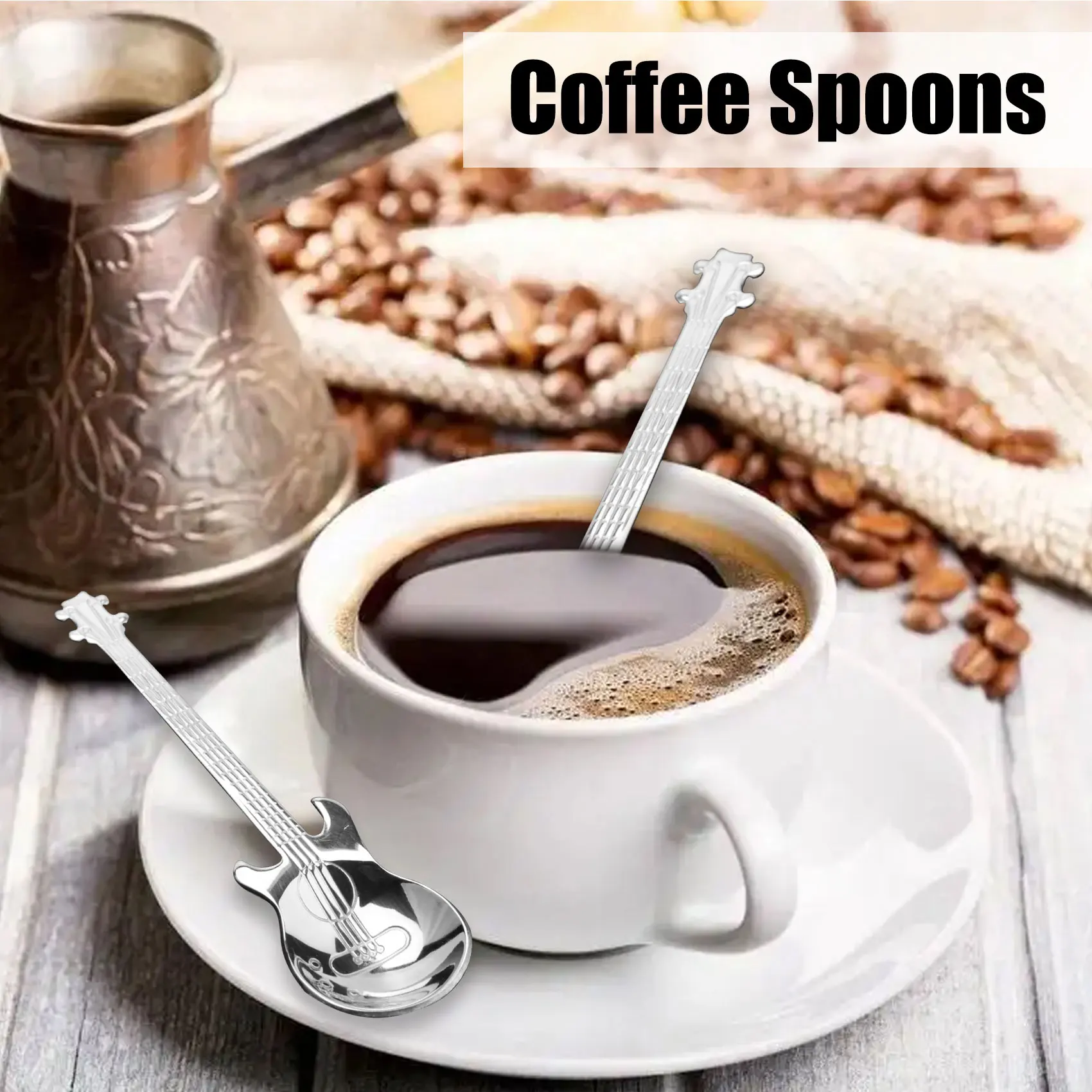 ABZF 2026 Guitar Coffee Spoons 6-Pack Cute Spoons Stainless Steel Teaspoons Stirring Spoon Guitar Shaped(Silver)