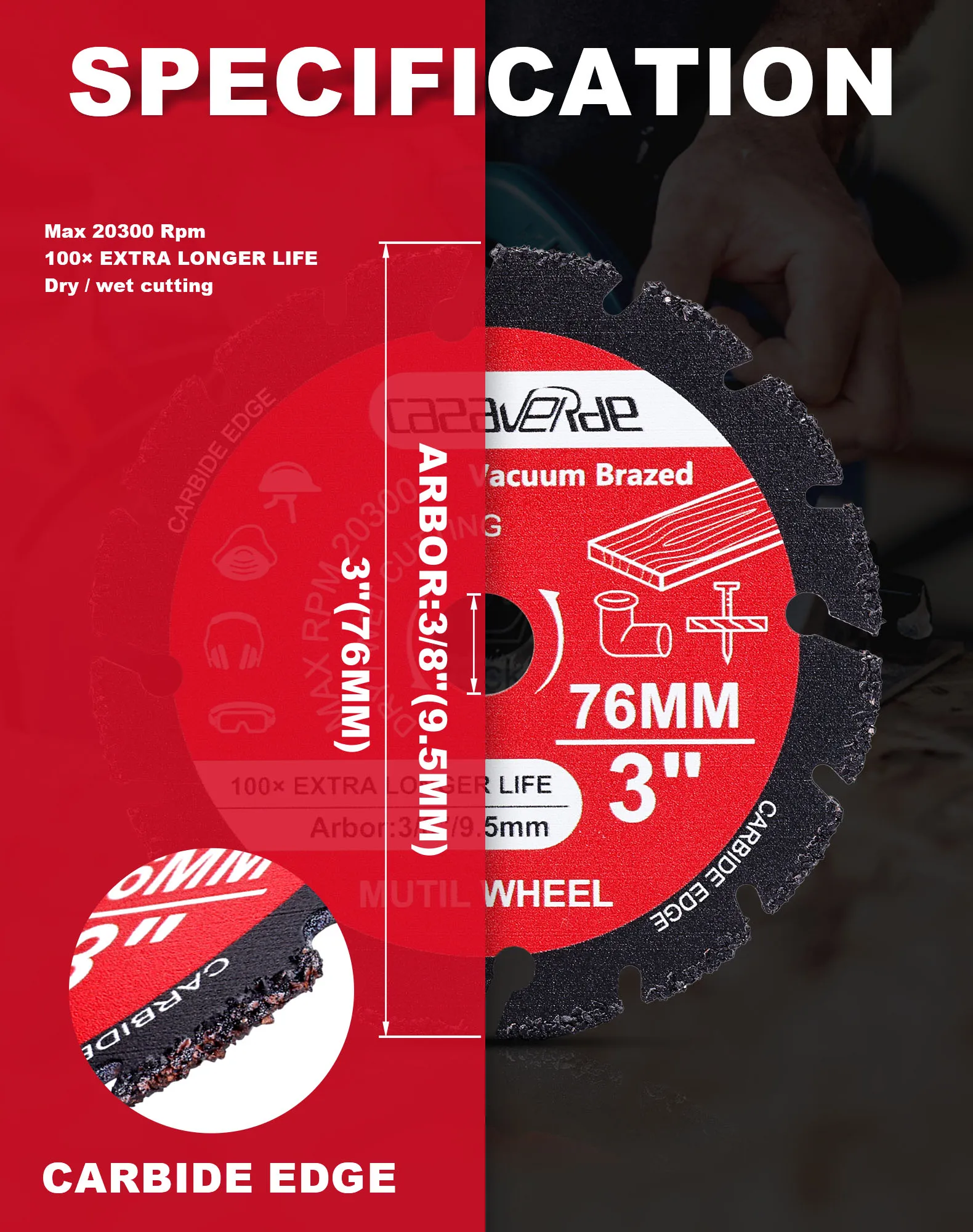 1Pc 76mm Vacuum Brazed Carbide Circular Cutting Disc Wheel Cutting for wWood Boards,Gypsum Boards,Fiberglass Board,Plastics,Etc