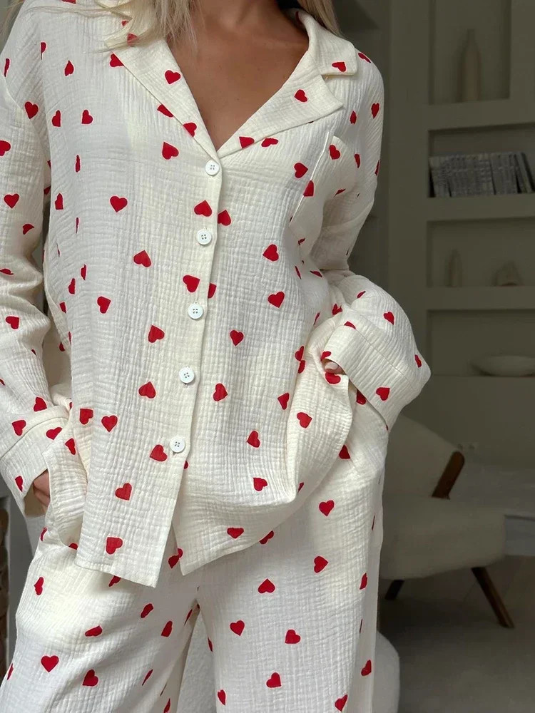 2024 Love Print Cotton Pajamas for Women Single-Breasted Pocket New in Women\'s Sleepwear Lapel Long Sleeve Woman Home Clothing