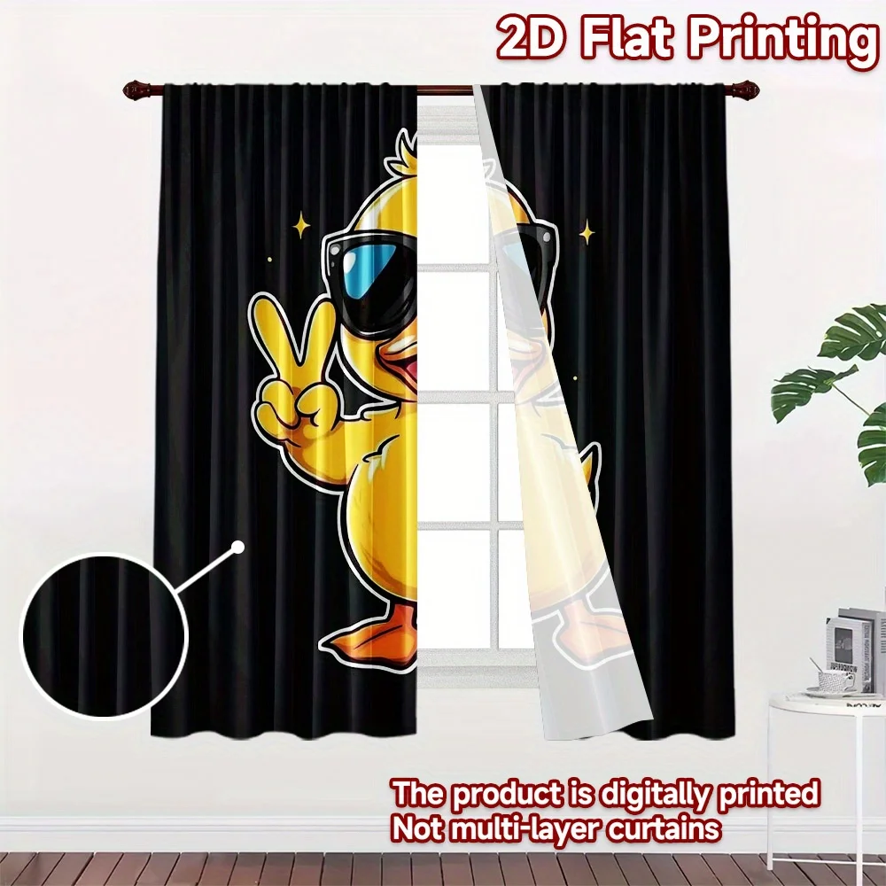 Cool Sunglasses Yellow Duck Curtain 2 Panels Peace Sign Cartoon Duck Black Solid Background Master Bedroom Trendy Teen Home