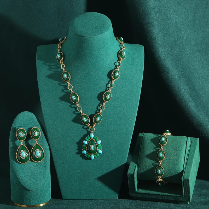 

Vintage Water Droplet Retro Green Jewelry Set Blue Enamel Pendant Necklaces Earring Women Oval Beaded Chain Gold Color Antique