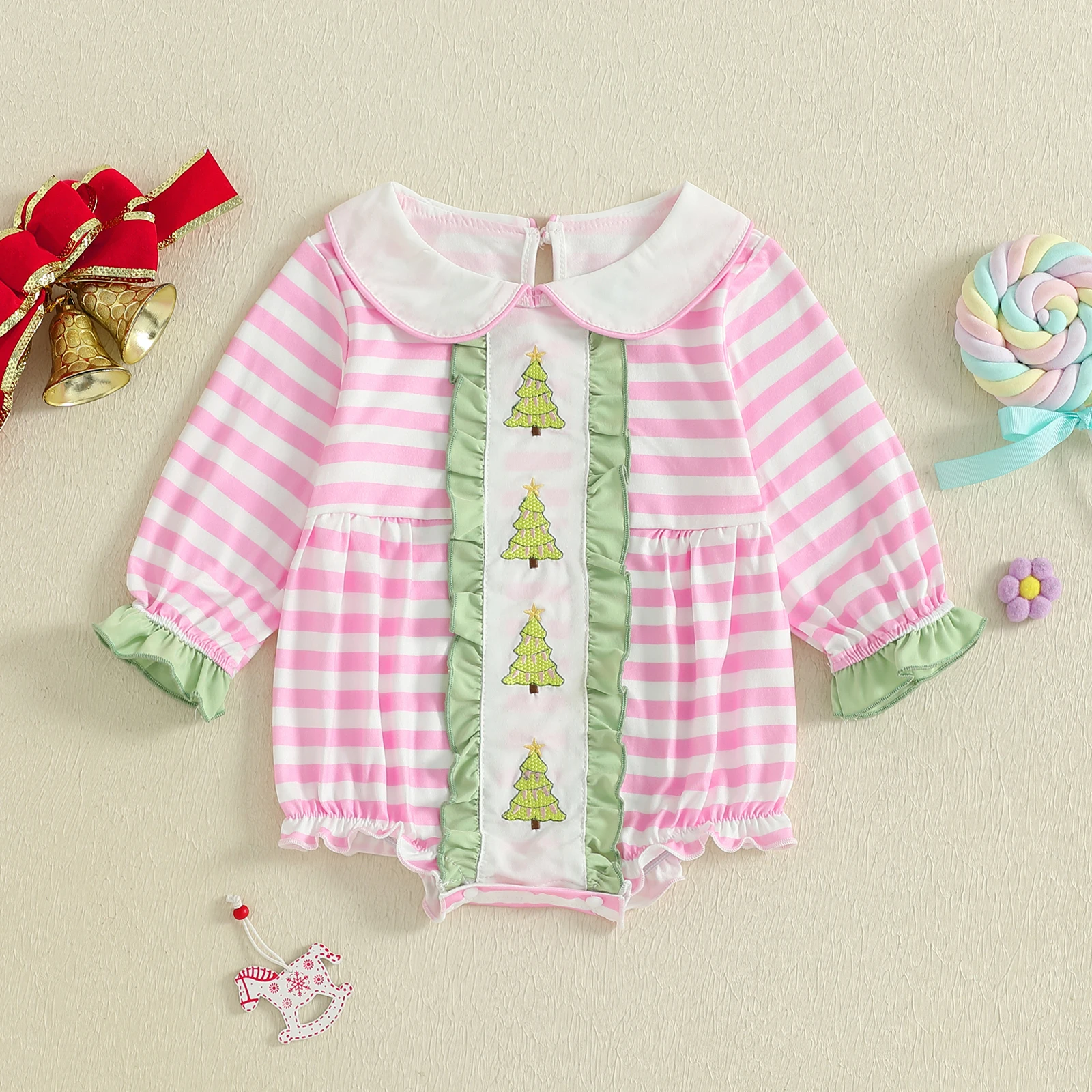 

VISgogo Baby Girls Christmas Romper Long Sleeve Doll Collar Stripes Embroidery Tree Bodysuit Clothes for Casual Daily
