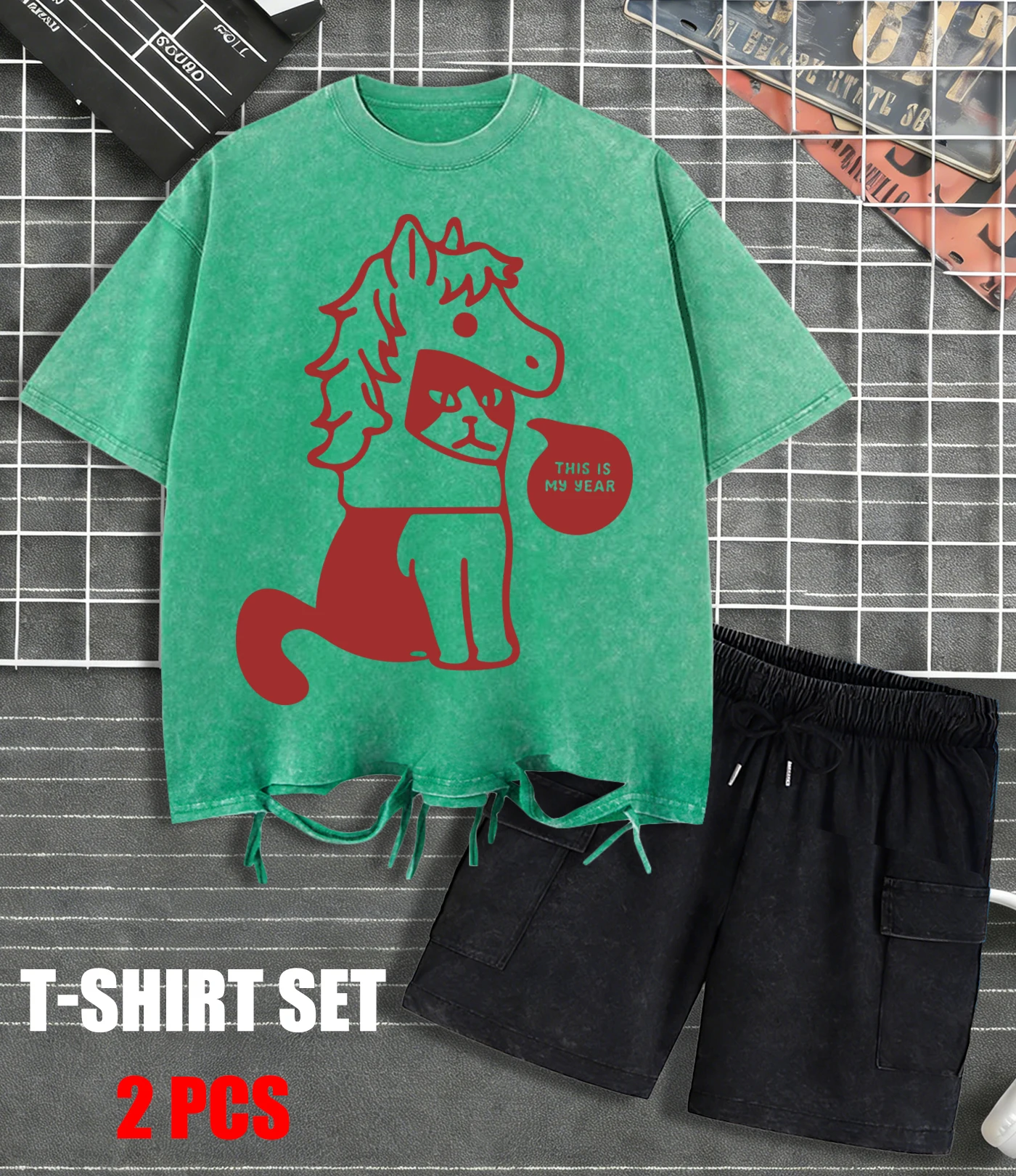 

This Is Horses Year Printing Washed T-Shirt Mens Summer Cotton T Shirts O-Neck Loose Clothes Multicolor Unisex Retro Sportsuit