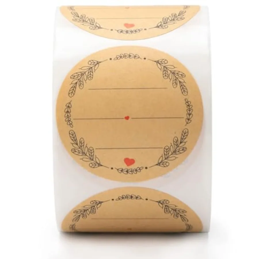 

2'' Wreath Design with 3 Lines for Writing 500 Per Roll,Natural Brown Kraft Stickers for Store Owners, Crafts, Organizing, Jar