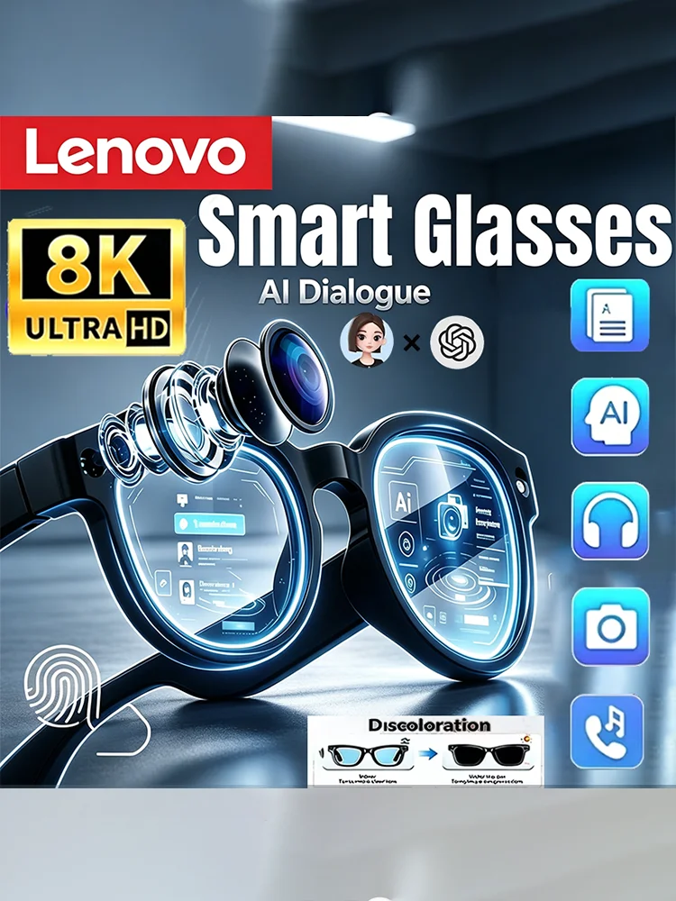 Inteligentne okulary Lenovo 8K z funkcją Bluetooth, do oglądania filmów, robienia zdjęć (2400 MP), wykorzystujące sztuczną inteligencję do tłumaczenia rozmów, nagrywania dźwięku i odtwarzania muzyki – okulary przeciwsłoneczne z funkcjami AI — zdjęcie produktu 7