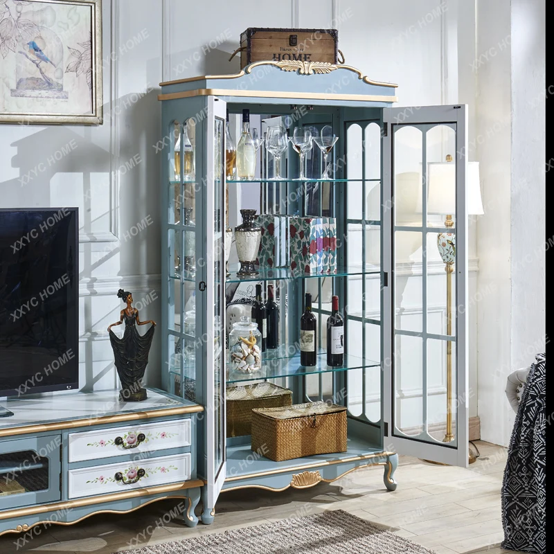 

Glass Display Cabinet American Country Pastoral Mediterranean Painted Double Door Bookcase
