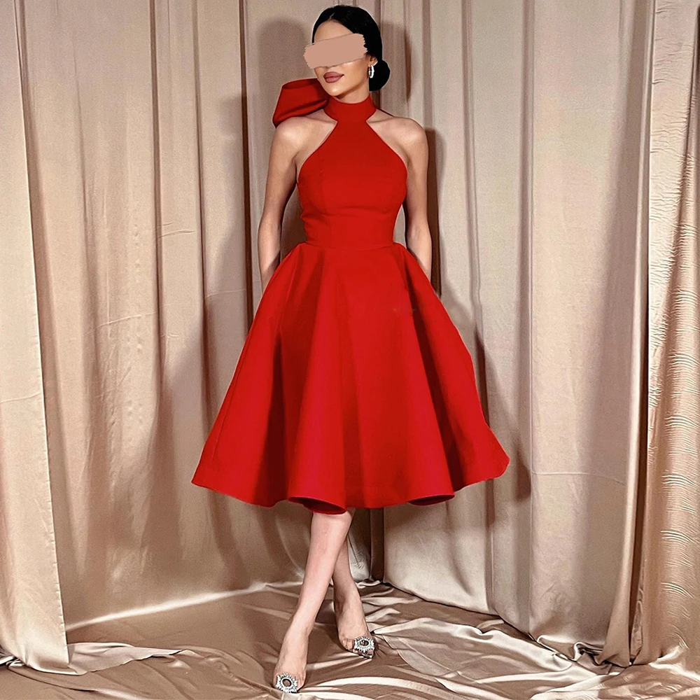 

Hot Red Cocktail Dress Halter Sleeveless Big Bow Mid-calf A Line Party Gown Vestidos de noche Saudi Evening Dresses 2024