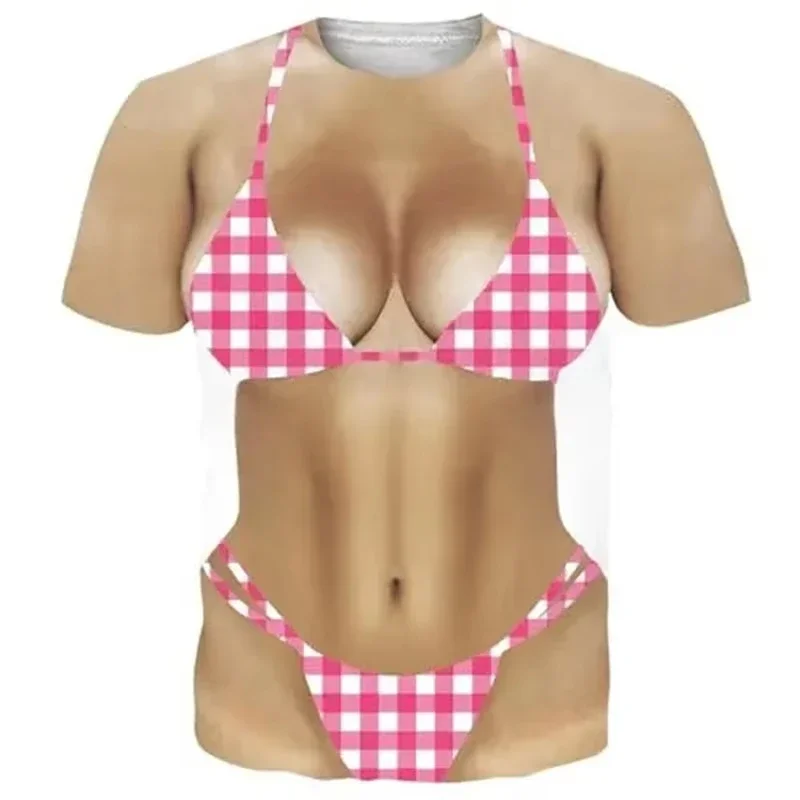 Funny Bikini Graphic T Shirts for Men 3D Printed Fake Abs Muscle Short Sleeve T-Shirt Women Cosplay Costume Novelty Tees Shirt