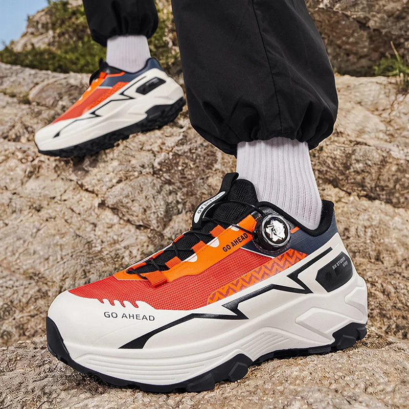 Men Rotating Buckle Breathable Hiking Running Sneakers All Seasons, Non-slip Durable Outdoor Cross-country Trekking Sports Shoes