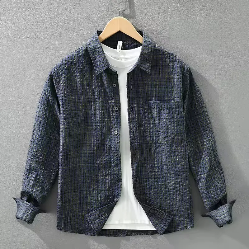 

Осень 2025 г., новая винтажная модная клетчатая рубашка с длинным рукавом, топы с отложным воротником и большим карманом