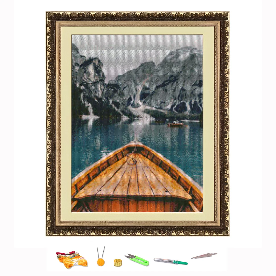 Boat in the Lake Scenery Cross Stitch Embroidery Kits11CT Cotton Thread Painting DIY Needlework Set Counted Printed on Canvas