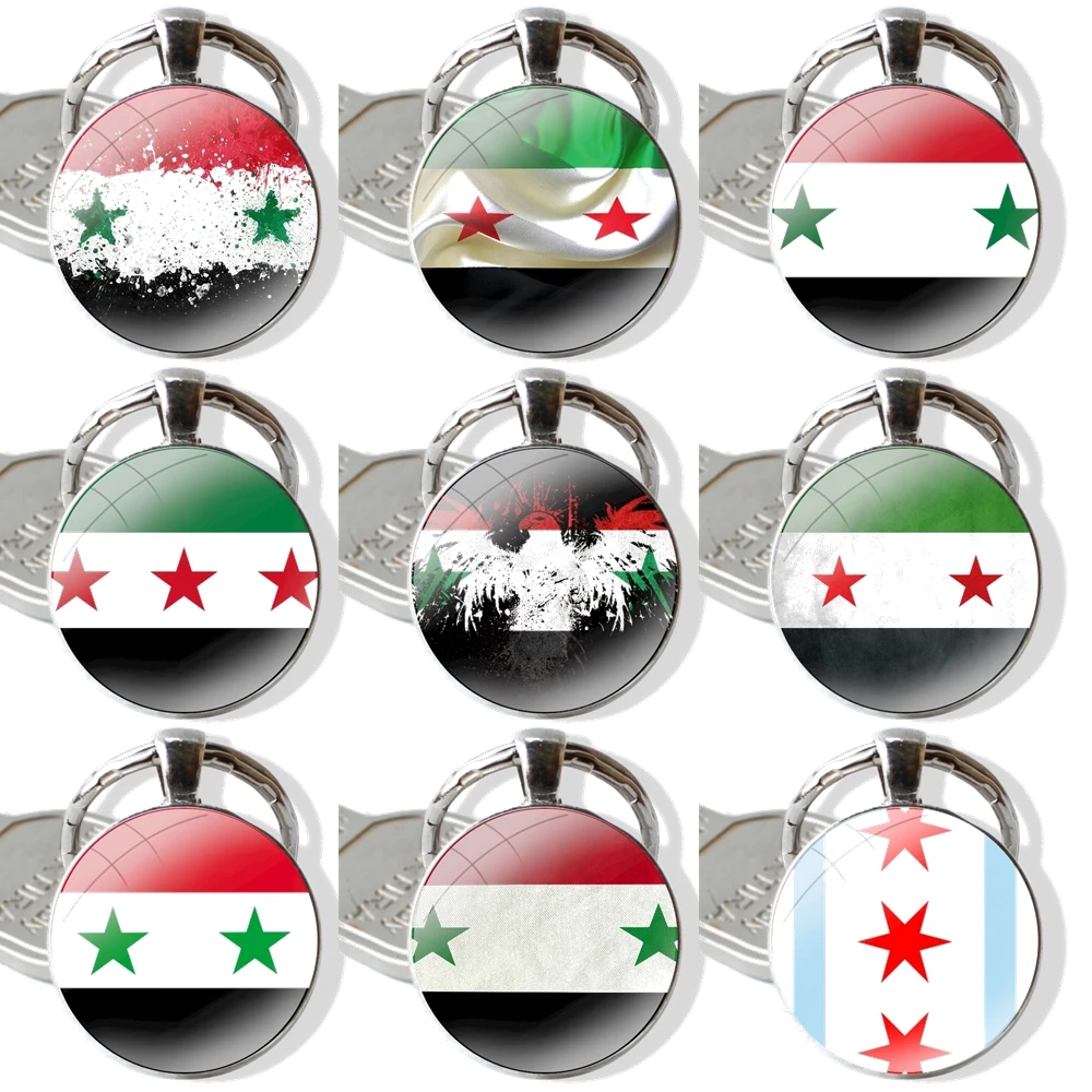 Keychain Glass Cabochon Metal Pendant Classic Men's Women's Keyring Syria Flag