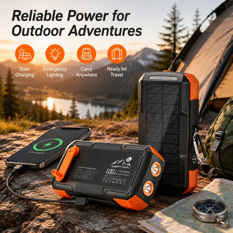 73200mAh Popular 100W Multifunctional Waterproof Solar Power Bank with Built-in Compass Flashlight and Portable Power Bank