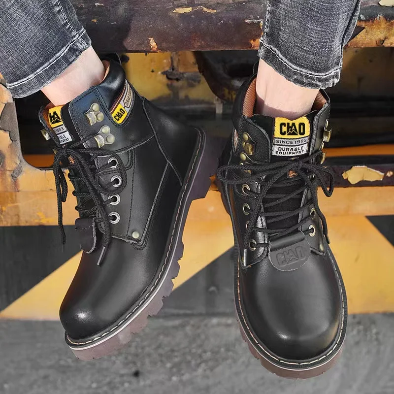

Новые мужские кожаные рабочие ботинки с высоким берцем и стальным носком, антиколлионные повседневные удобные ботинки с круглым носком для охраны труда