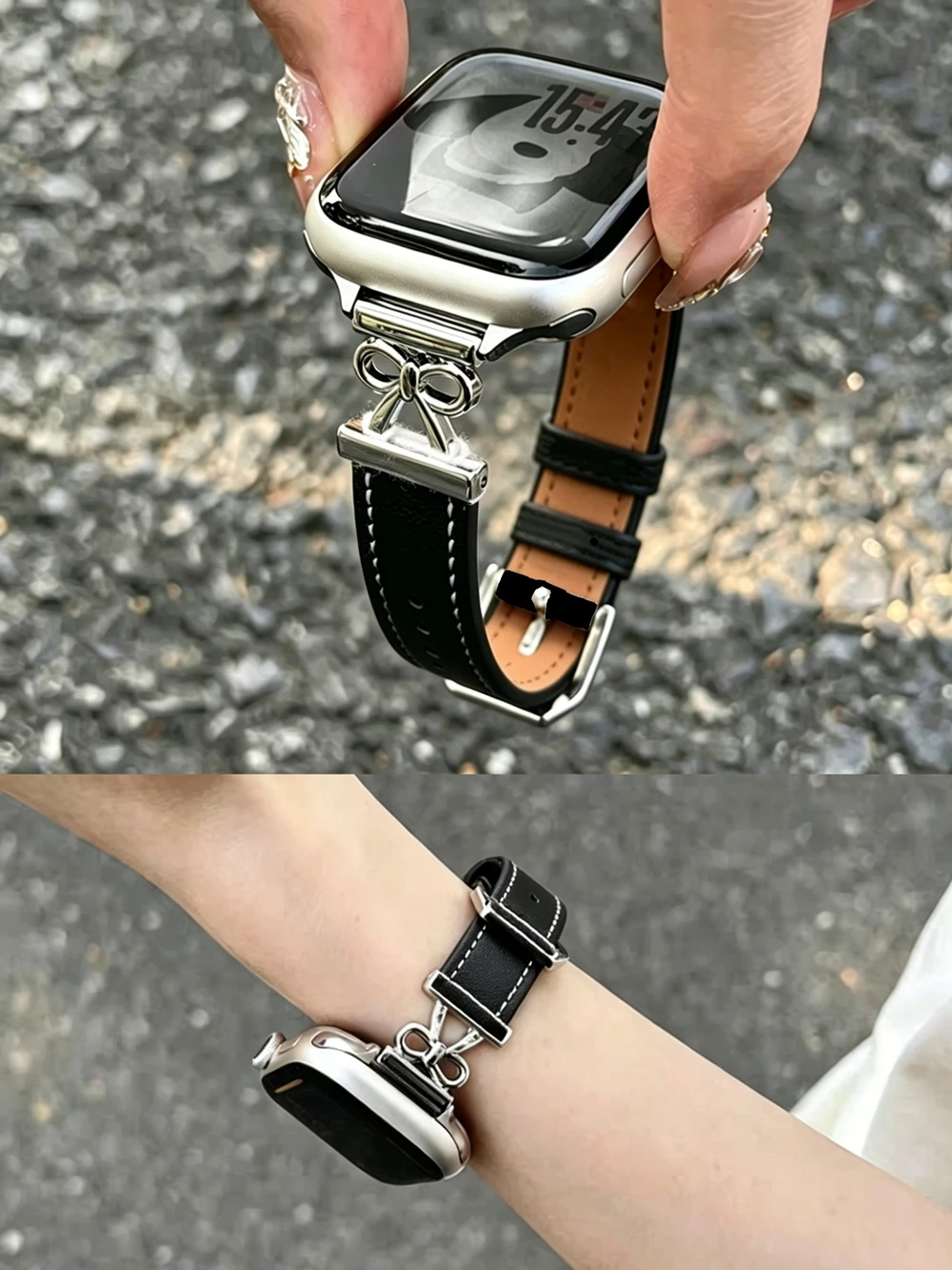 Advanced Bow Leather Loop for Apple Watch Band Correa Women 11/10/9/8/7/6/5/4/3 SE 38mm 40mm 41mm 42mm 44mm 45mm 46mm 49mm Strap