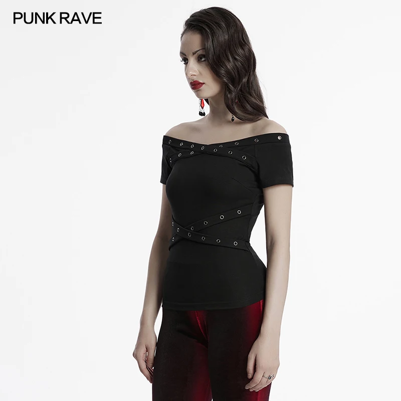 PUNK RAVE Women's Gothic Generous Sexy Off-shoulder T-shirt Cross Loops Design Daily Black Tops Tees Harajuku Women Clothes