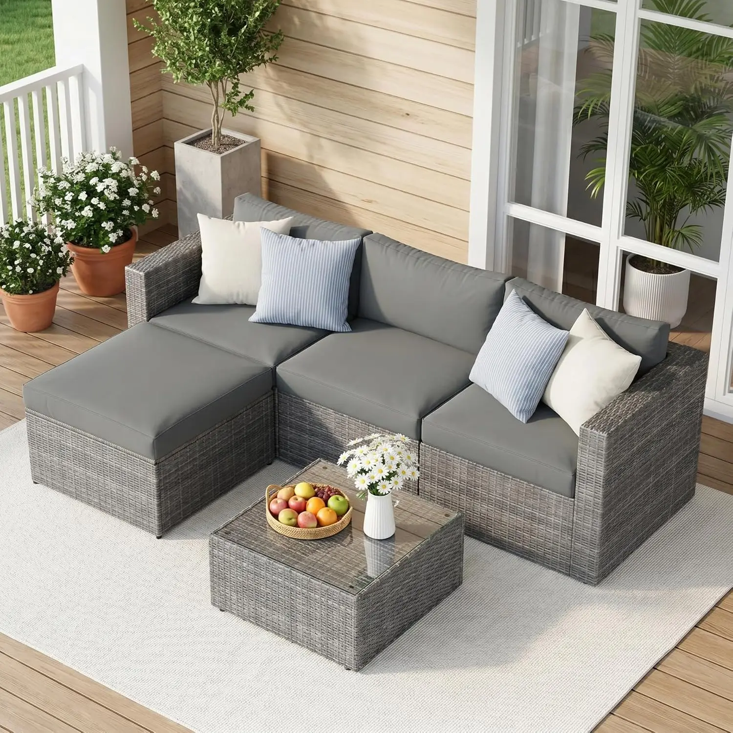5-Pieces Outdoor Patio Furniture Set, All Weather Wicker Rattan Sectional Sofa, Patio Conversation Set with Cushions & Glass Cof