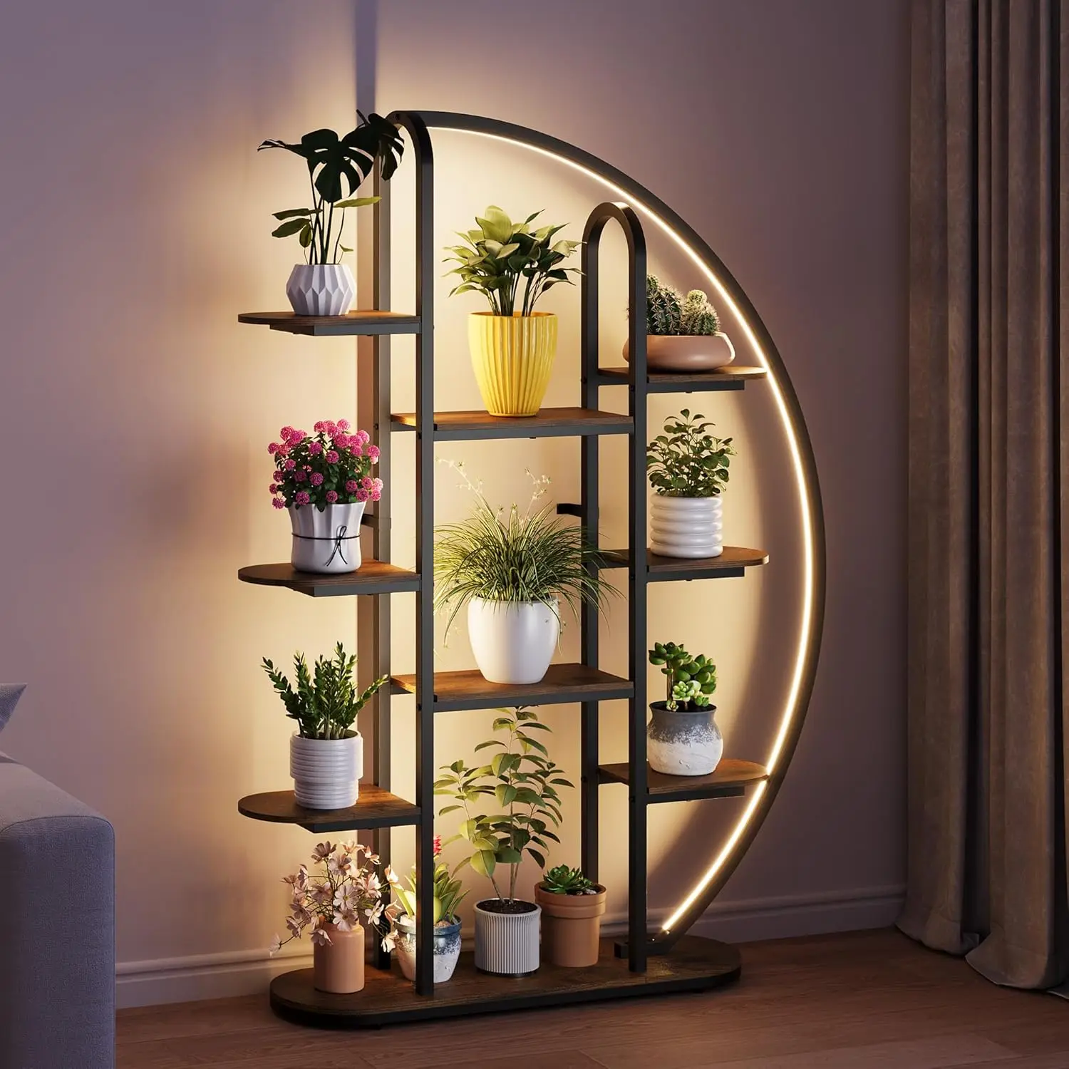 Big Plant Stand Indoor with LED Light, 65”Tall Metal Plant Shelf Flower Stand for Multiple Plants, 9 Tier Moon-Shaped Plant Rack