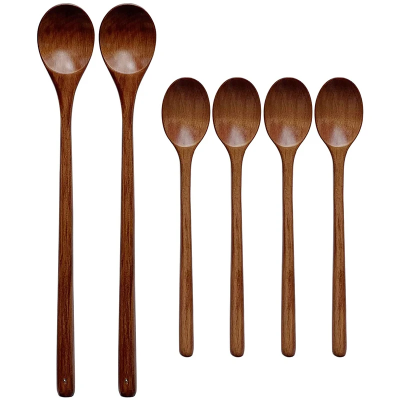 Cooking Utensils Wooden Spoon, Long Handle Mixing Wooden Spoon 6-Piece Kitchen Utensil Mixing