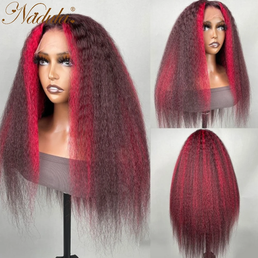 

Nadula Hair Dark Burgundy Mixed Red Color Highlights With Crimson Red Stripes Kinky Straight 13x4 Lace Front Wig 150% Density