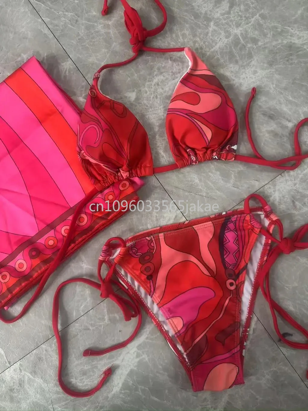 

Scarf Bikinis Women Swimwear Three Piece of Beachwear Red Swimsuit with Cover Up
