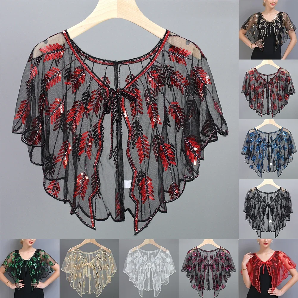 Women Retro 1920s Beaded Sequin Shawl Sheer Mesh Embroidery Leaf Bolero Party