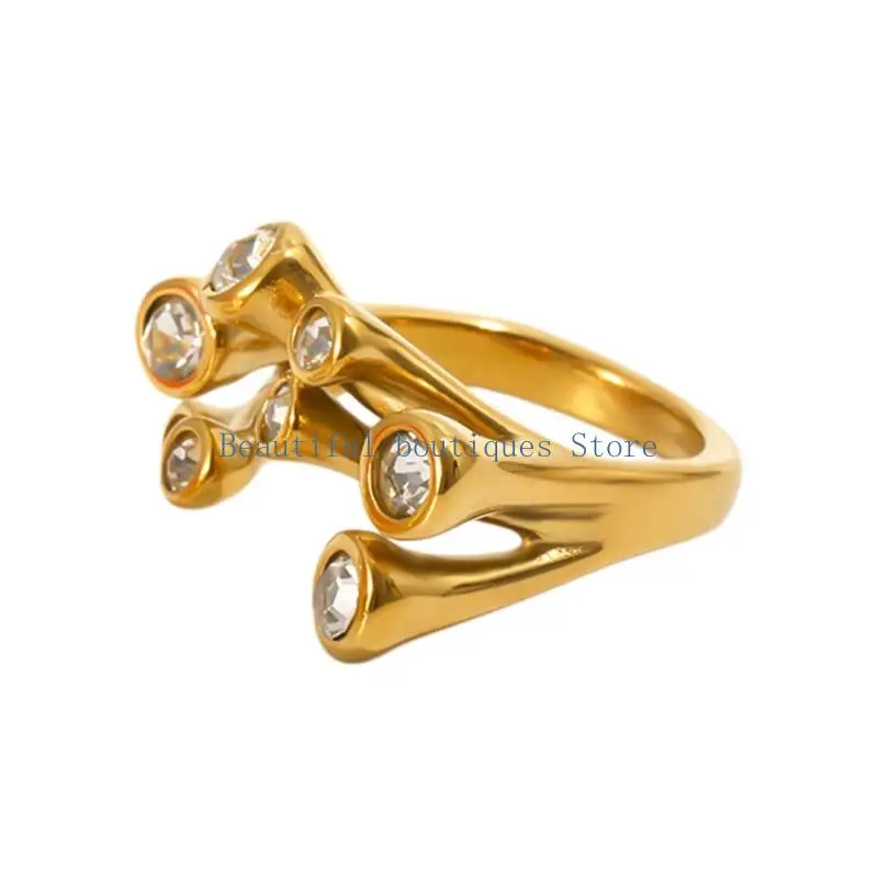 U4LF Party Styling Open Front Ring, Branching Seven-Detail Design in 18K Gold Plated Stainless Steel for Fashion Outfits