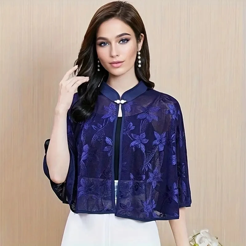 Vintage Flower Jacquard Chiffon Shawl Solid Color Thin Sunscreen Short Cape Summer Elegant Style Cheongsam Matching Smock For Wo