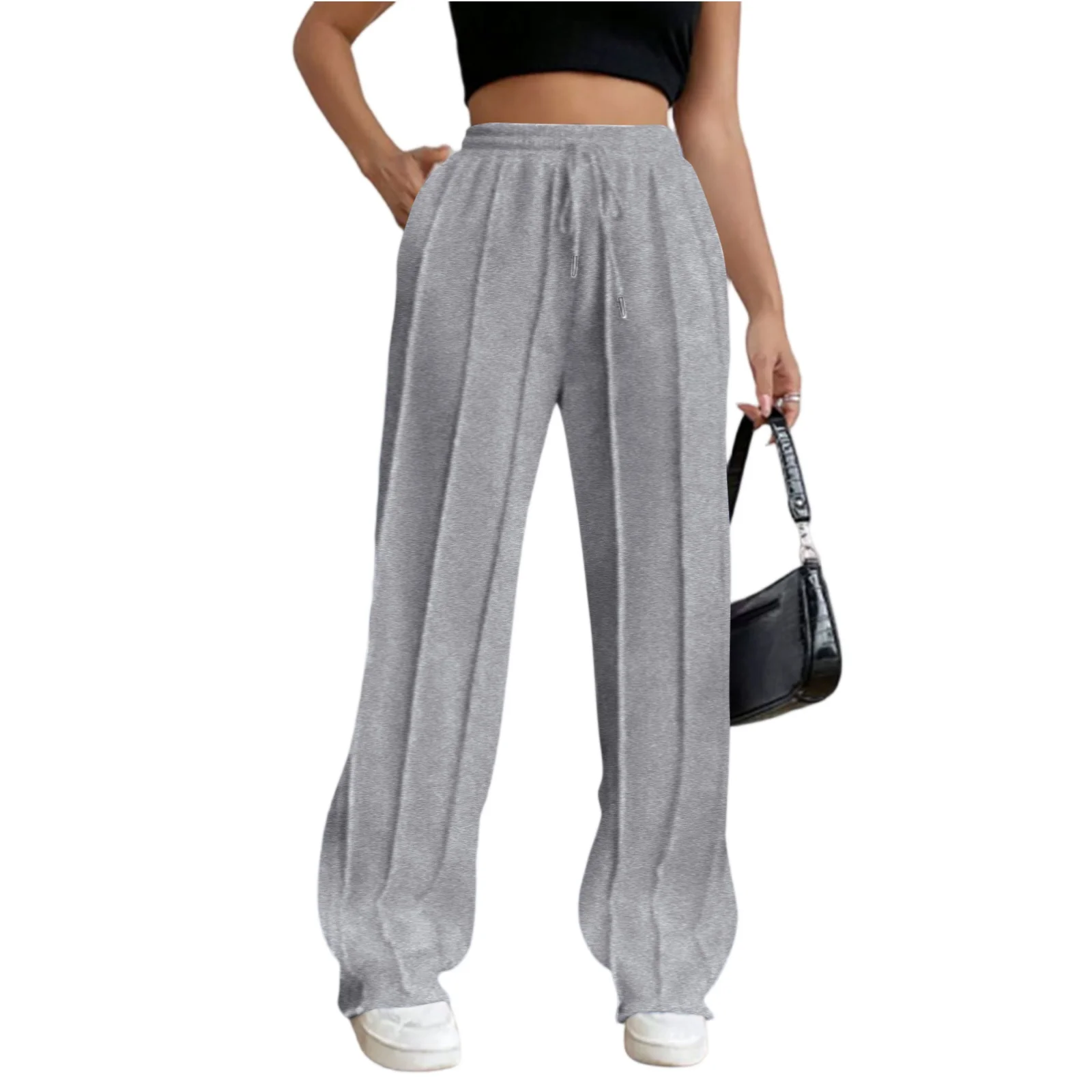 Vrouwelijke mode wijde pijpen broek casual minimalistische effen kleur met trekkoord geplooide broek dame elegante losse gezellige broek