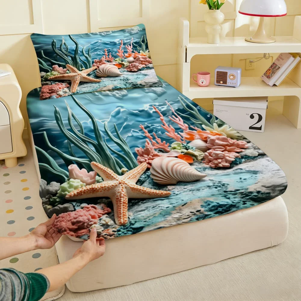 1pc Coastal Starfish, Seashells Print Fitted Sheet Deep Pocket Elastic Mattress Cover Single Double Queen King Bedroom Decor