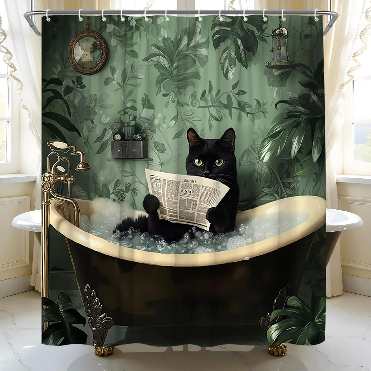 Black Cat Bath Reading Newspaper Shower Curtain, Green Tropical Leaf Design,Waterproof Fabric Bath Curtain Whimsical Bathroom
