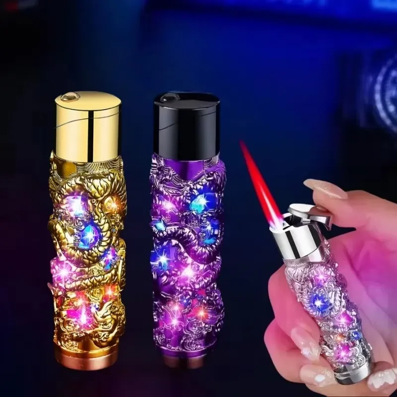 New Metal Relief Luminous Inflatable Lighter Windproof Butane Turbine Torch Portable Cigar Lighter Fashionable Men Gift