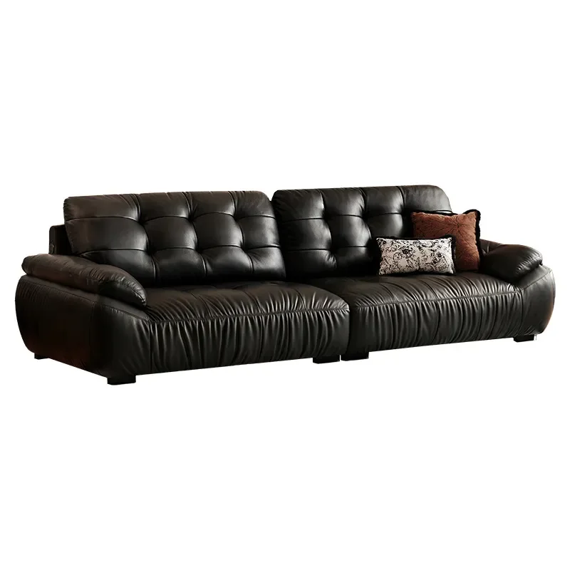 Italian Minimalist Multi-functional Living Room First Layer Cowhide Cloud Leather Art Sofa Black Retro Leather