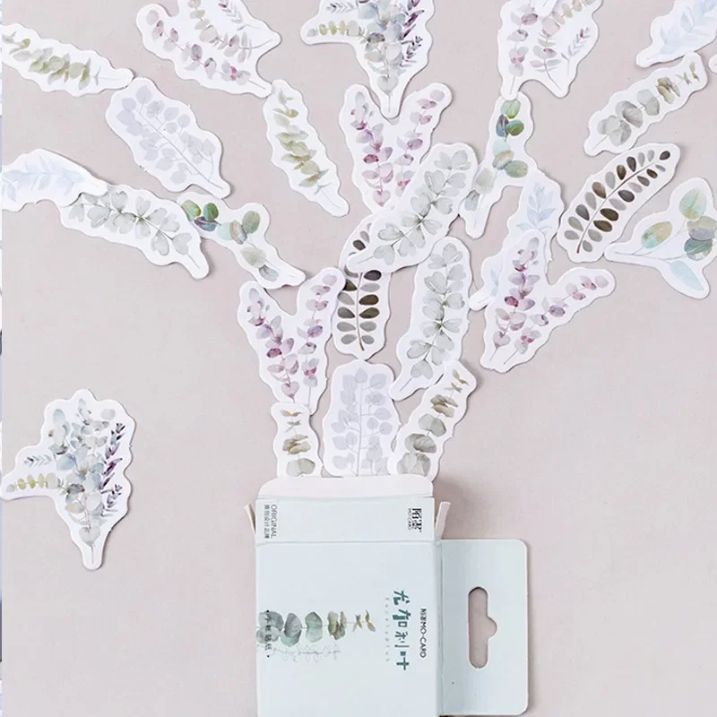 45pcs Mini Box Stickers Cartridge Pack Sticker Eucalyptus Leaf Green plants Retro Mobile phone scrapbook decoration 4CM