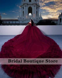 Luxury Burgundy Ball Gown Quinceanera Dress Sweet 16 Dress Lace Appliques Crystals Vestidos De 15 Años Corset Wedding Gowns