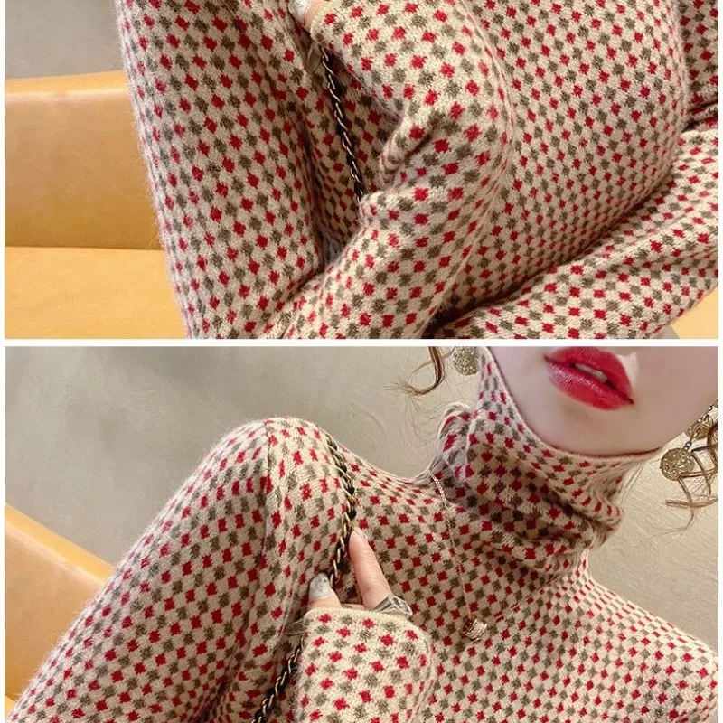 Women\'s Autumn and Winter Fashion Elegant High Neck Pullover Plaid Panel Casual Versatile Long Sleeve Slim Fit Sweater Knit Tops