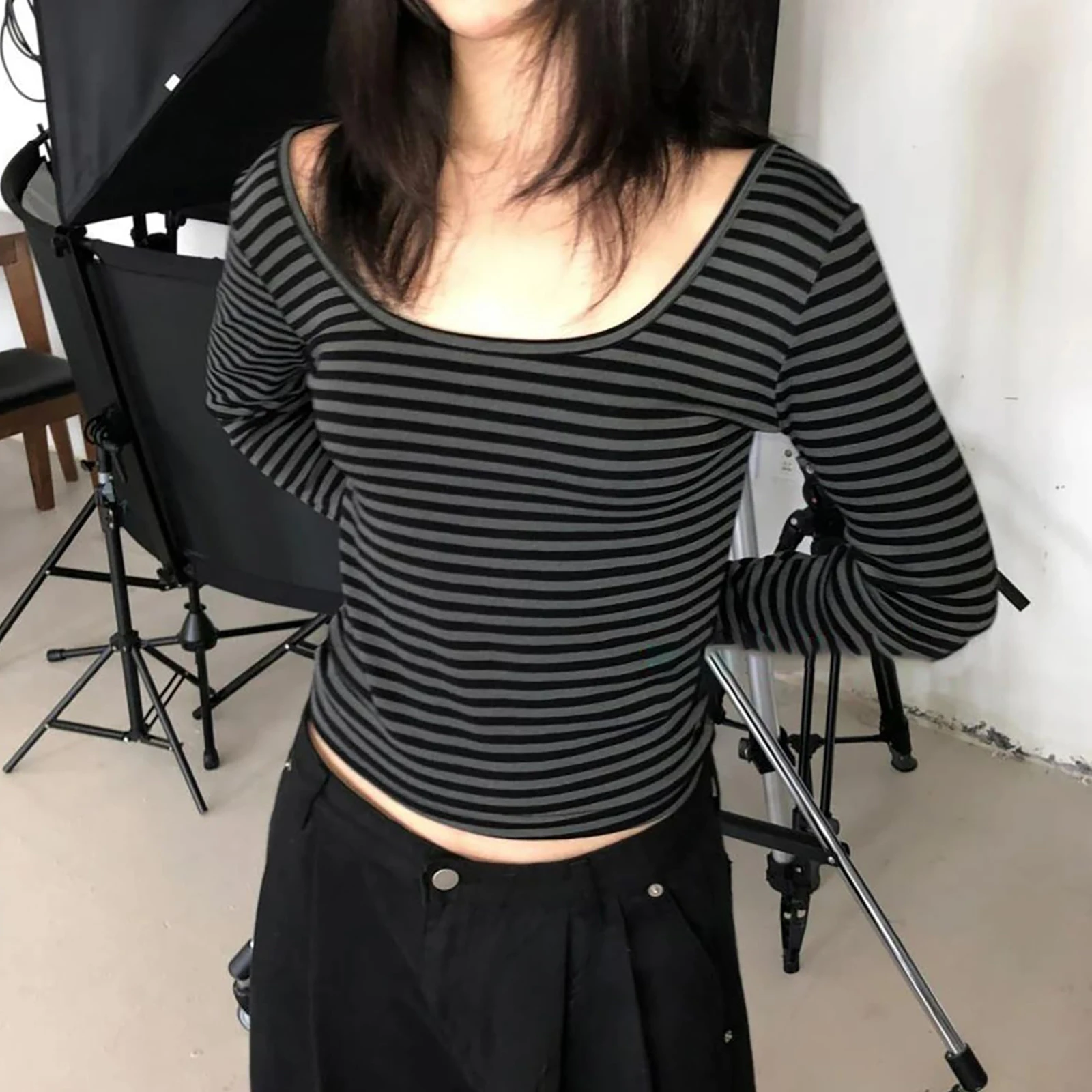 Gaono Women Long Sleeve Y2k Striped Shirts Fairy Grunge Slim Fit Crop Tops E-Girls Vintage Crewneck Aesthetic Clothes